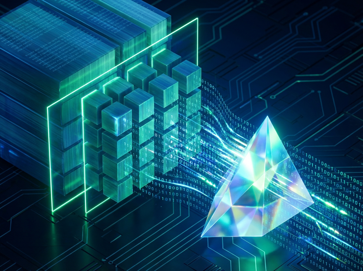 Visualizes the concept of 'Chunking' and vector embedding, illustrating how raw text is broken down and processed for the AI.