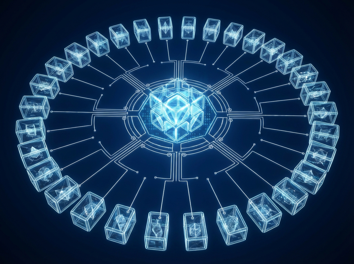 An abstract architectural diagram representing the 'Loader' and the 32 independent parts of the demo.